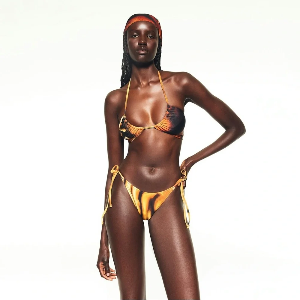 ROBERTO CAVALLI X SKIMS SWIM DIPPED TIE BIKINI BOTTOM IN TIGER FACE PRINT L